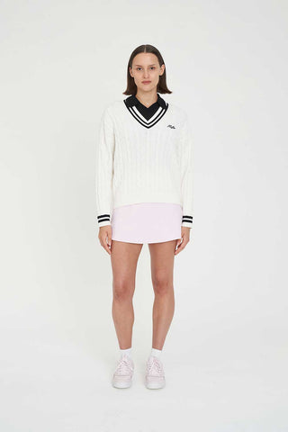 WOMENS V-NECK CABLE KNIT SWEATER CHALK/BLACK